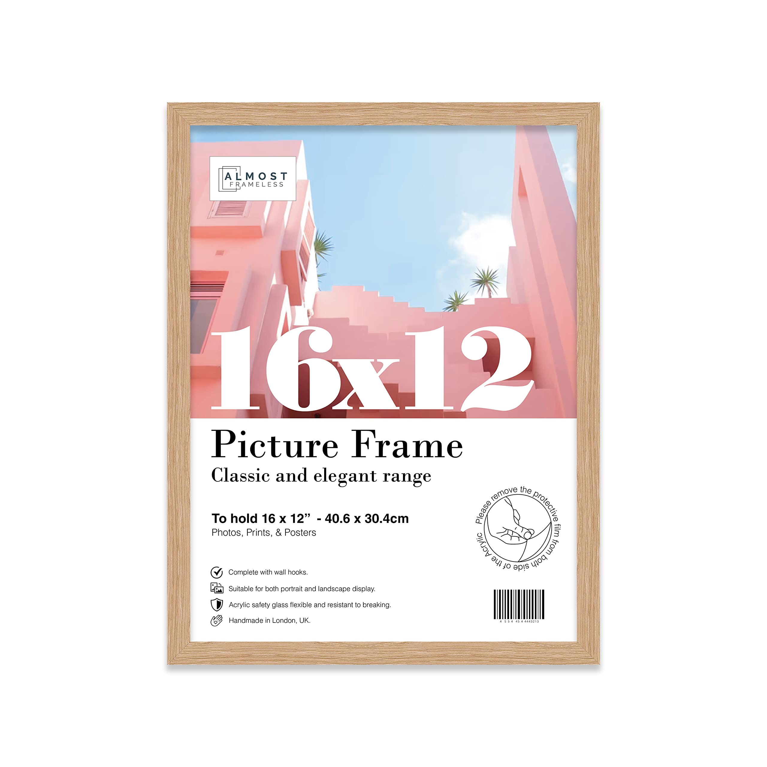Almost Frameless 16x12 Oak Picture Frame 16"x12"(40.6x30.5cm) Poster, Photo, Artwork, or Print. Thin Edge Slim Frame Portrait and Landscape Display with Wall Hooks