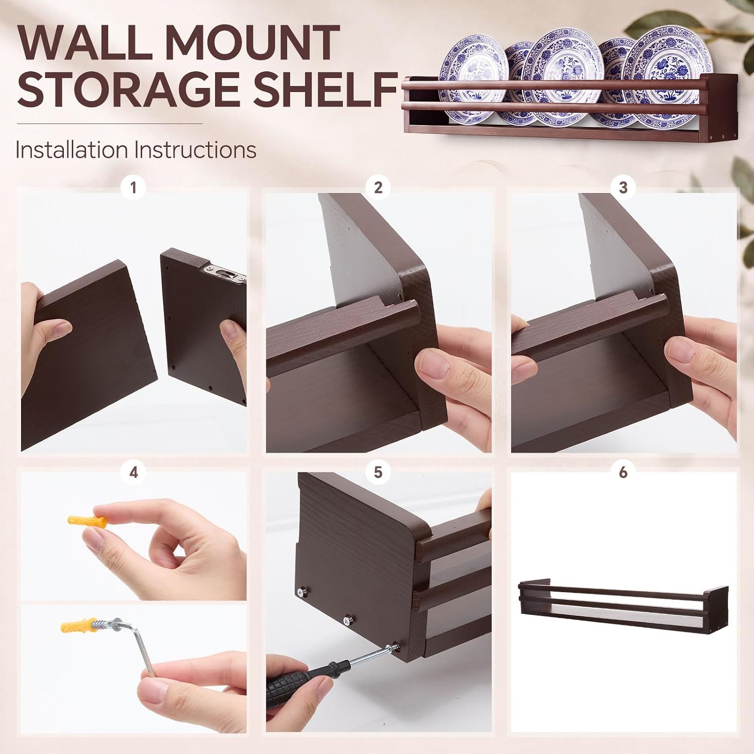 3 Sets Wooden Plate Shelf for Wall 25 Inch Spice Rack, Walnut Wood