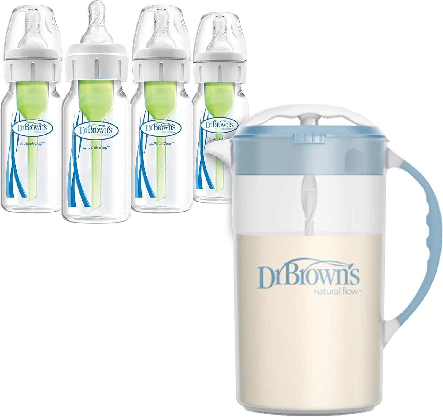 Dr. Brown's Baby Formula Mixing Pitcher 36oz, Blue with Anti-Colic Options+ Narrow Baby Bottles, 4 Pack, 4 oz