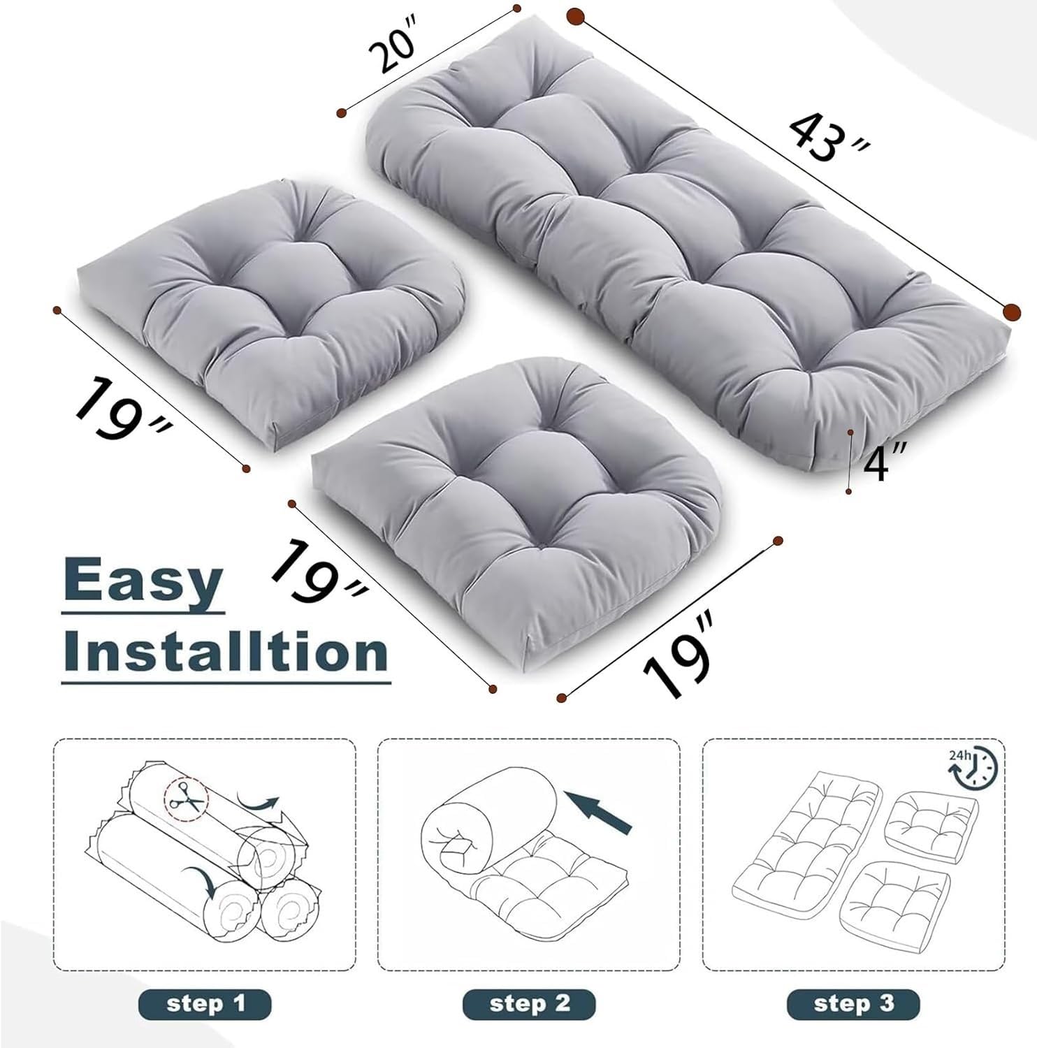 Set 3 Cuscini Esterno Impermeabili Panca Divano e Panchina da Giardino Sostituzione Rattan Vimini e Altalene 1 Seduta 110x50x10cm+2 Schienali a U 48x48cm Terrazzo Balcone(Beige)