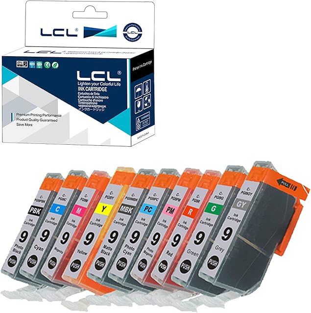 LCL PGI9 PGI9E PGI-9 (10-PACK PBK MBK C M Y PC PM G R GY) Ink Cartridge Compatible for Canon Pixma: Pro 9500 Pro9500 Mark II