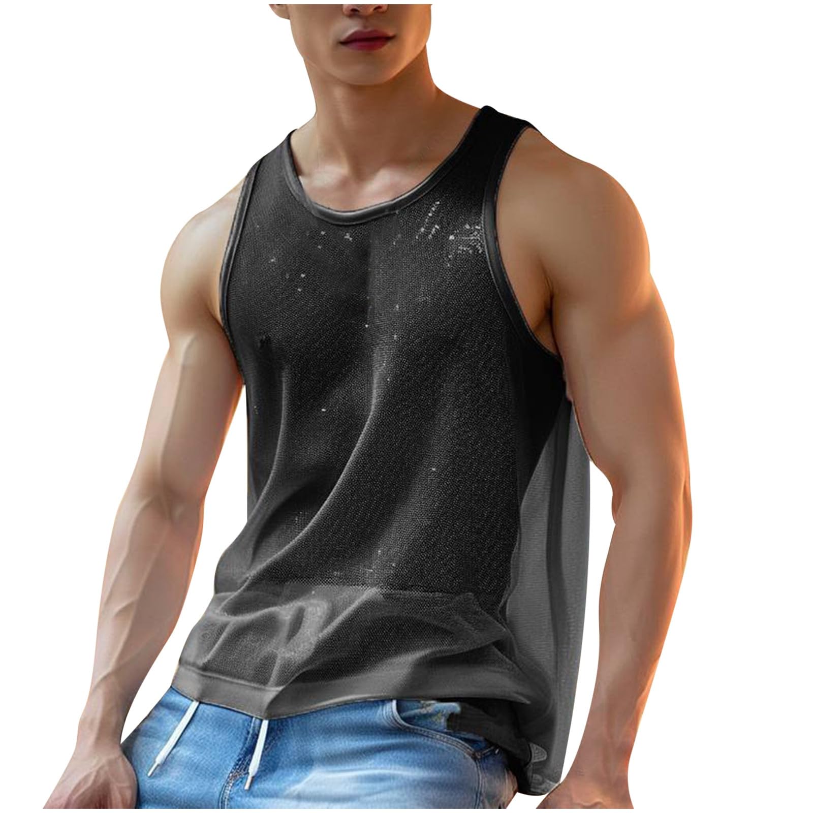Strick Tank Top Herren Netzoberteil Netz Top Sexy Tanktops Muskel Netzhemd Sehen Durch Weste Mesh Shirt Fishnet Muscle Top Muskelwesten Sommer Westen Hohl Out Workout Netzhemd Achselshirts