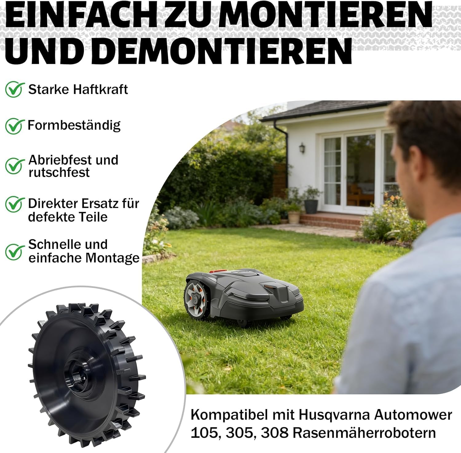 Antriebsrad Reifen Rad Ø183mm, 2 Stücke Mähroboter Antriebsräder, kompatibel mit Husqvarna Automower 105 305 308 Mähroboter 574465104