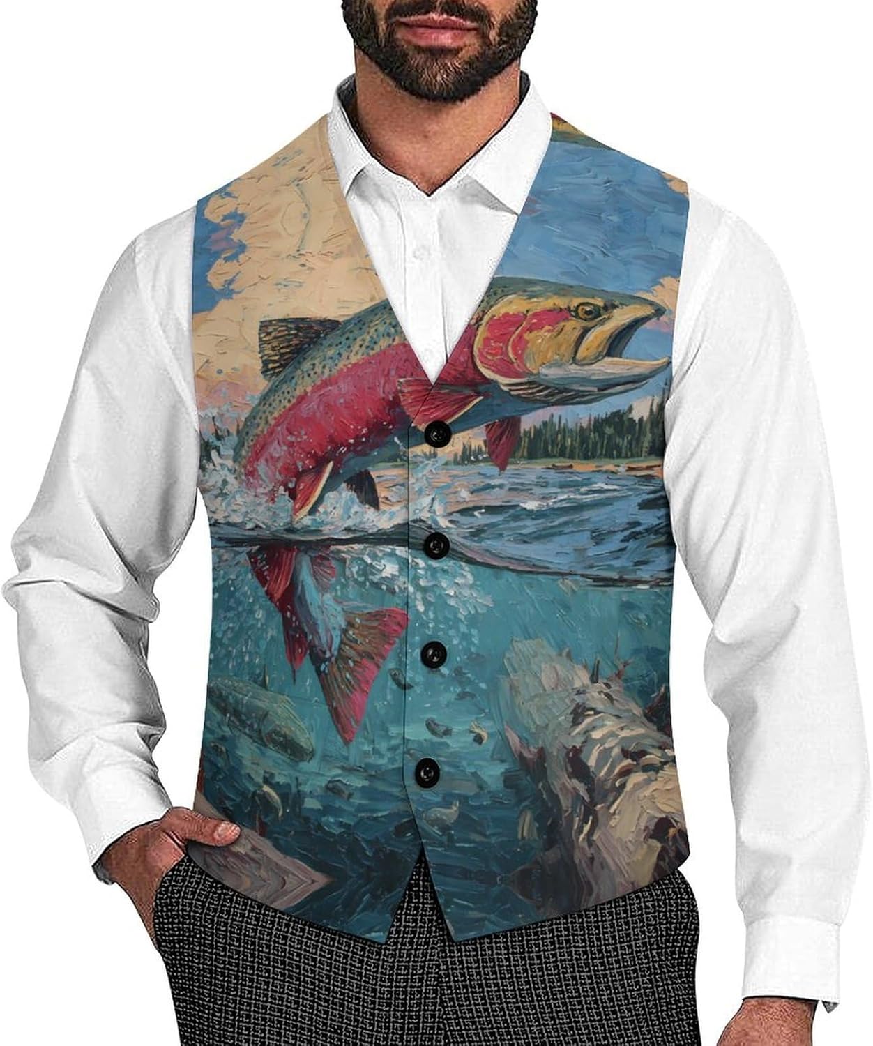 Trout Fish Jumping Out of The Lake Men's Formal Suit Vest Slim Waistcoat for Business Tuxedo Dress