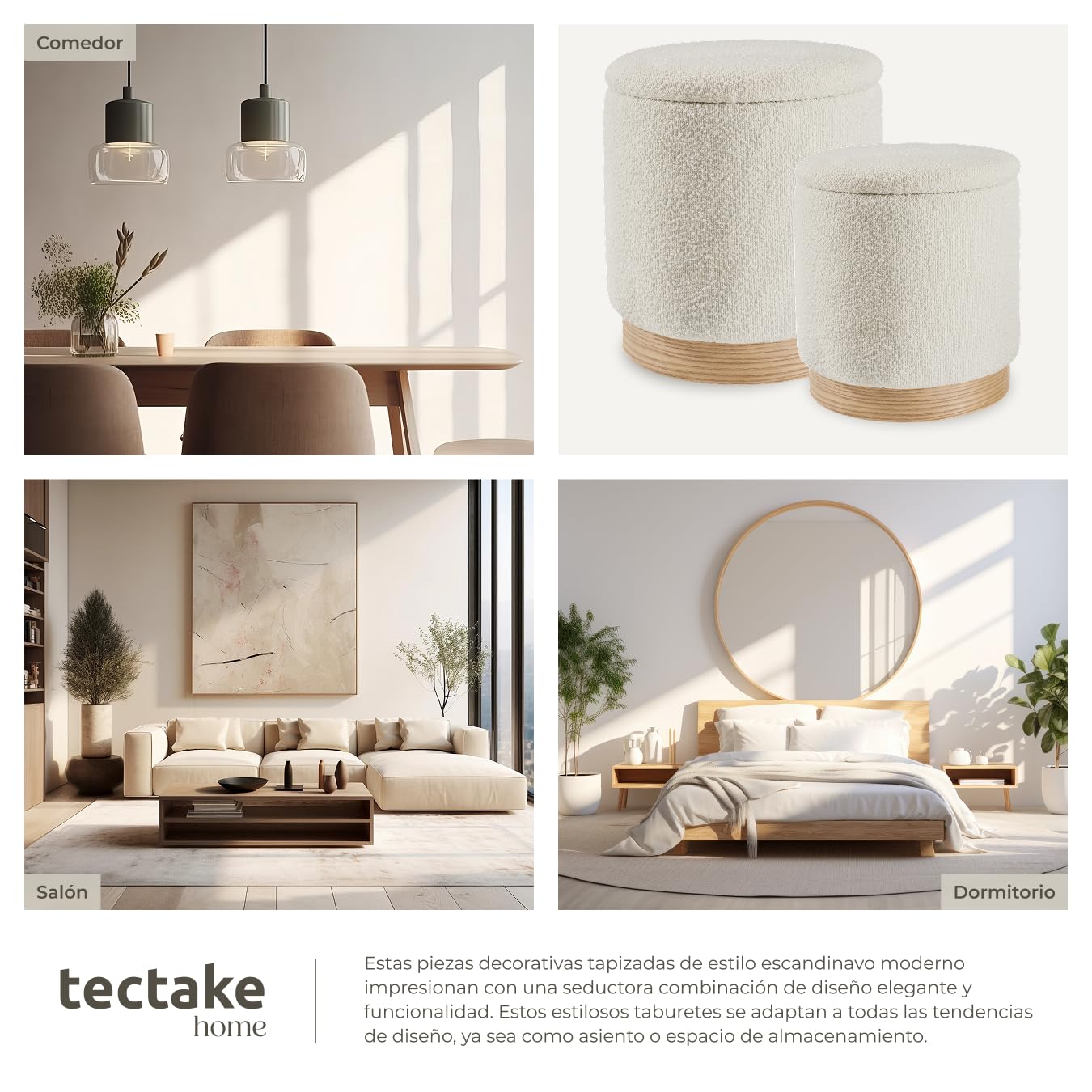 tectake® Taburete Grande y Pequeño, 2 Taburetes Acogedores y Apilables, Tela Bouclé, Escandinavo, Carga 120 kg, MDF, Gran Puff Salon Almacenaje para Hogar, Pequeño Zapatero Entrada Recibidor - Crema