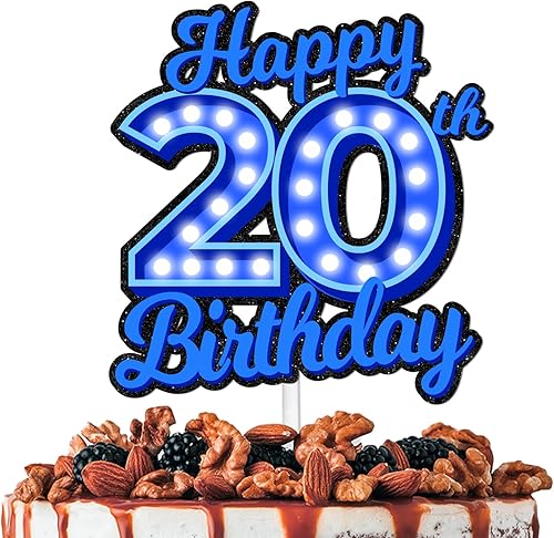 Decoración de pastel de cumpleaños 20 con purpurina azul Let's Glow Crazy Party Theme Decor Supplies Men Women Happy Birthday 20 Anniversary Party