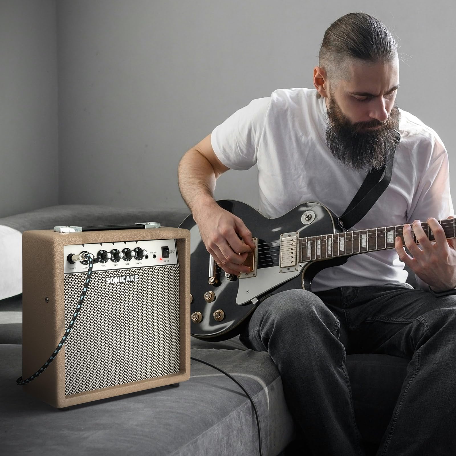 SONICAKE Amplificatore per Chitarra Elettrica 15W Doppio Canale con Uscita Cuffie EQ a 3 Bande Ingresso AUX, Design Compatto e Portatile per Pratica Sprint