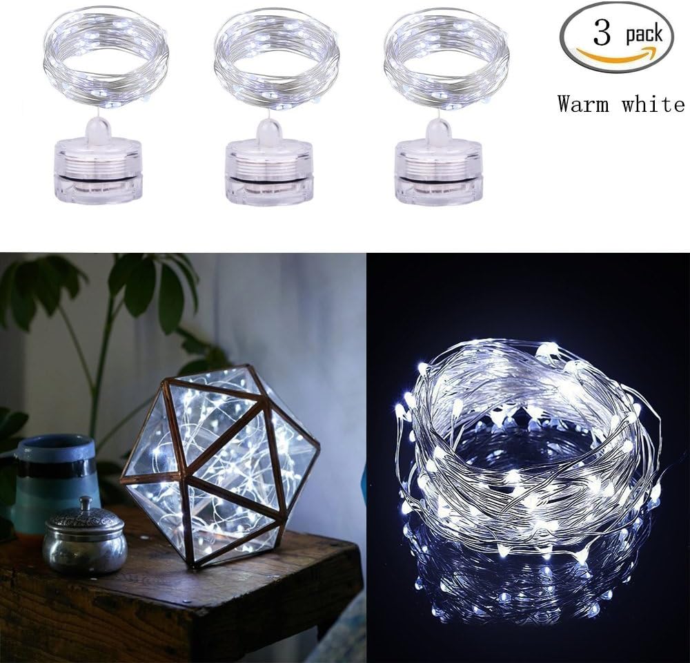 LED String candle Lights, InteTech 3 Pack Candle Indoor/Ourdoor Micro LED Lights, 2m/6.5ft,Warm White Color, Battery Operated(Not included), Holiday DIY Decor Fairy Lights for Christmas New Year (Cool white)
