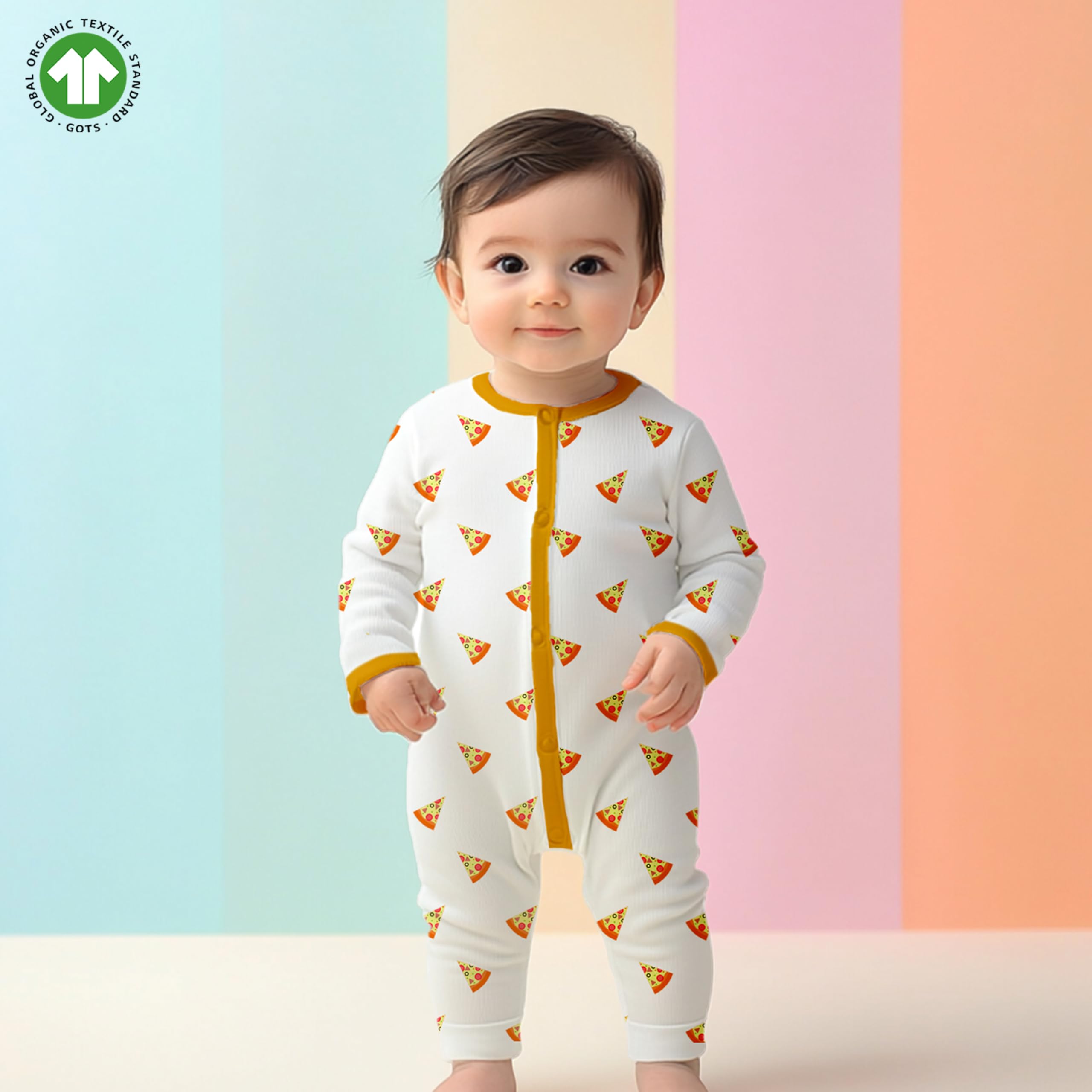 Kidbea® 100% Cotton Romper JumpSuit Night Suits for Infants Newborn Baby Boys & Girls Pizza Printed With Orange Color Size 0-3 Months - Image 3 thumbnail