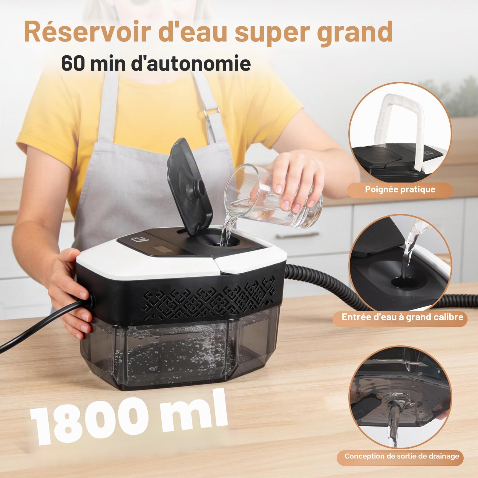 Nettoyeur Vapeur, Nettoyeur à Vapeur Portable 1500W Basse Pression, Chauffage Rapide 15s, Réservoir d’eau 1,8L, 12 Accessoires Inclus,Cuisine & Voiture, Blanc（Appuyez longuement sur 3s pour démarrer）