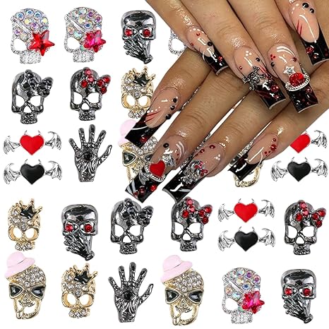Halloween 3D Alloy Skull Bat Nail Art Charms - 10PCS Vintage Rhinestone and Gems Shiny Palm Jewels for Manicure Decorations
