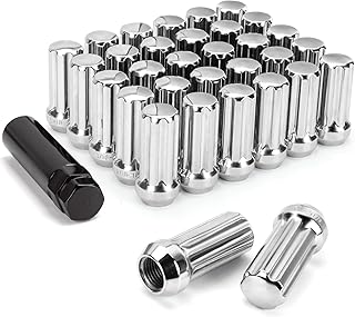 DYNOFIT 14mmx1.5 Wheel Lug Nuts, 32x Chrome M14x1.5 Lug Nut,Conical/Cone Bulge Seat, Closed End Long Extended XL Spline with 1 Socket Key Fits 8 Lug Aftermarket Wheels