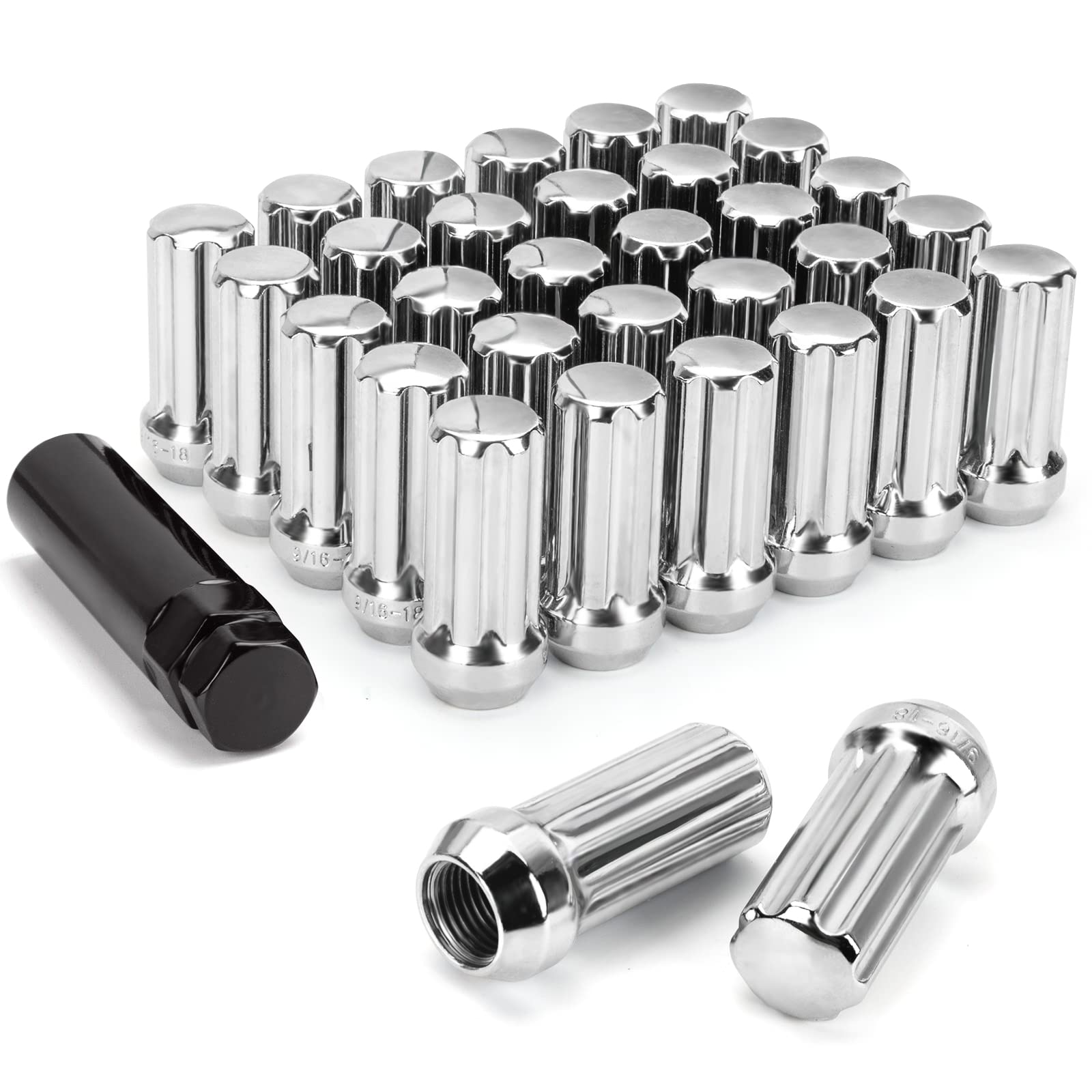 DYNOFIT 14mmx1.5 Wheel Lug Nuts, 32x Chrome M14x1.5 Lug Nut,Conical/Cone Bulge Seat, Closed End Long Extended XL Spline with 1 Socket Key Fits 8 Lug Aftermarket Wheels