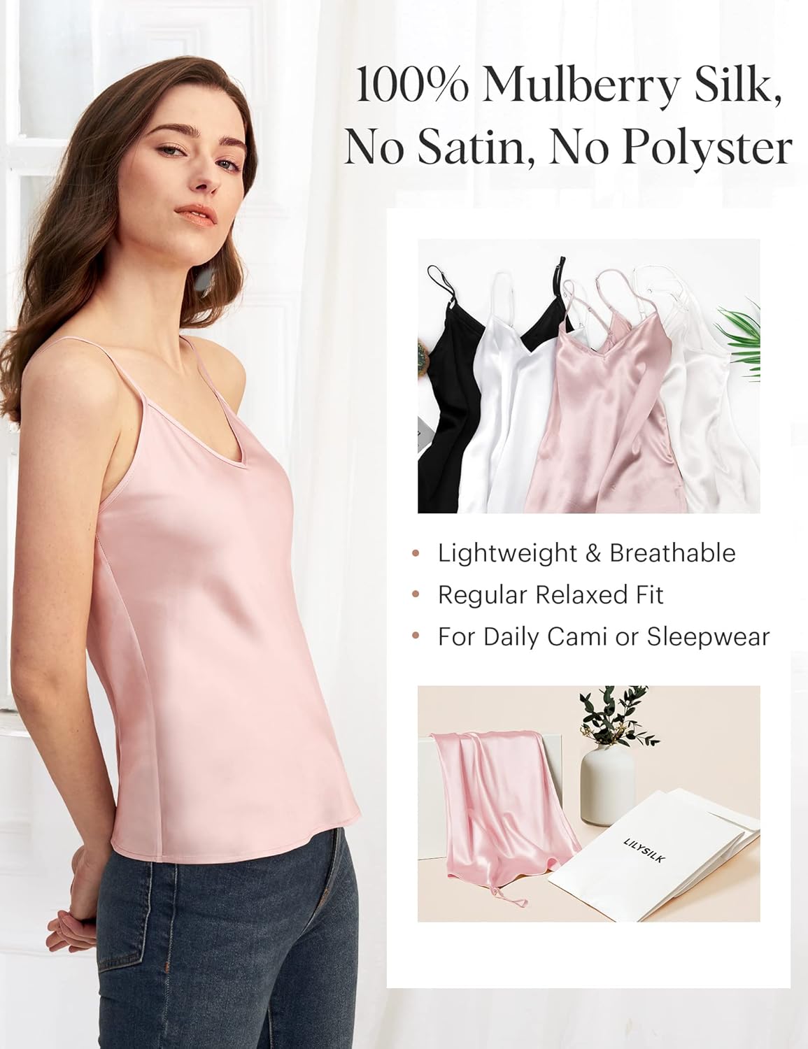 LilySilk Womens Silk Camisole 100% 19MM Mulberry Silk Basic Tank Tops Summer Casual Classic Top Loose - Image 4