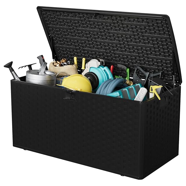 Garvee 100 gal Outdoor Storage Box Lockable Plastic Deck Box with Lid Waterproof UV-Resistant Storage Bin for Patio