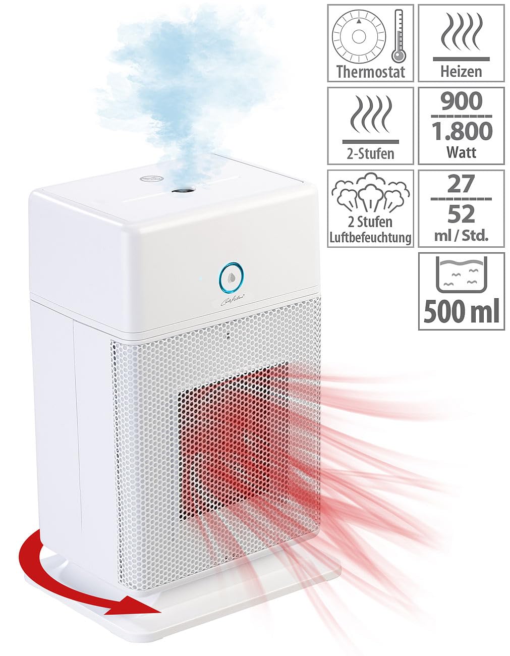 Calefactor cerámico 2 en 1 con humidificador, termostato y oscilación, 1800 W