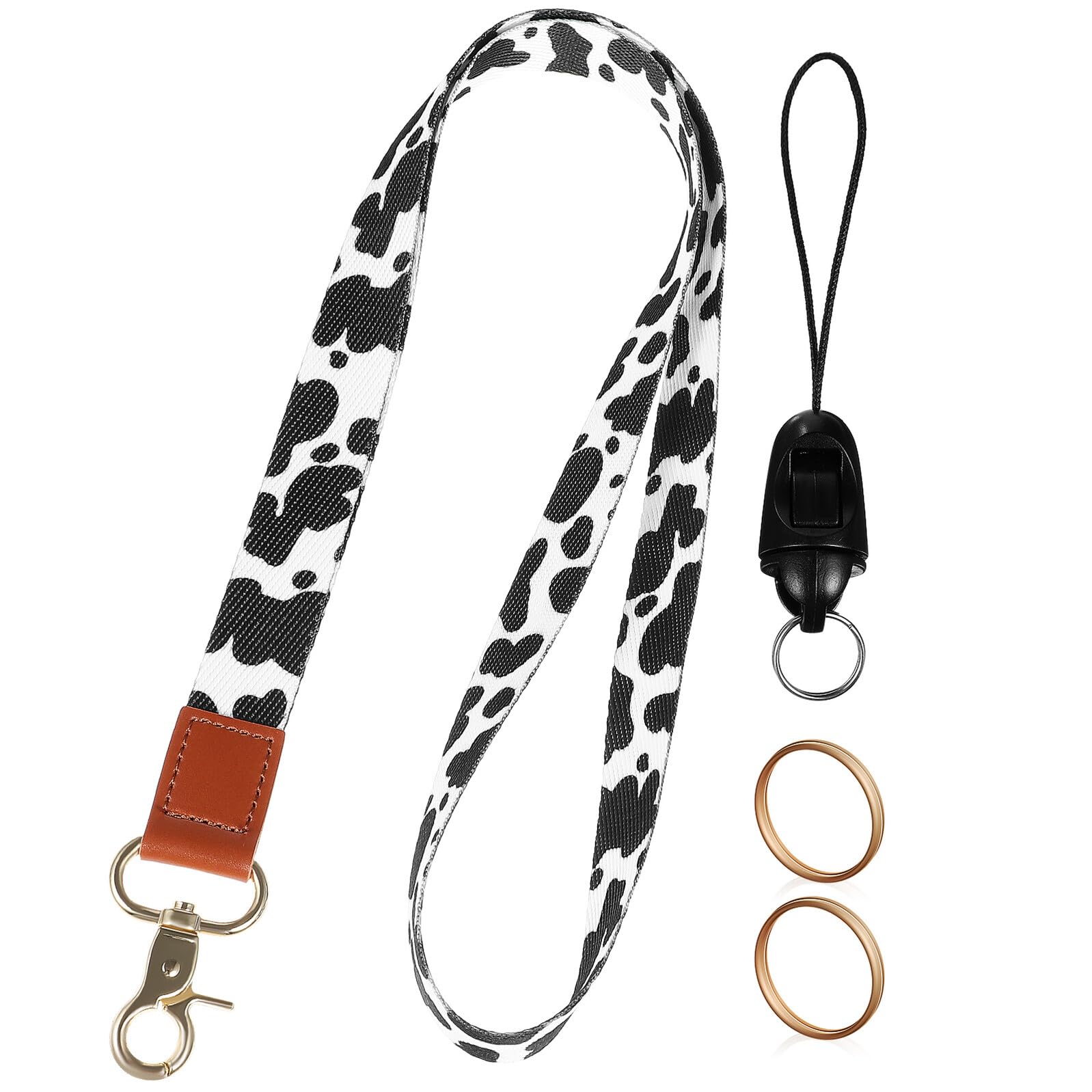 Cow Pattern Lanyard Set with Neck Strap Short String and 2 Key Rings Badge Lanyards for Office School and Id Cards for Men and Women