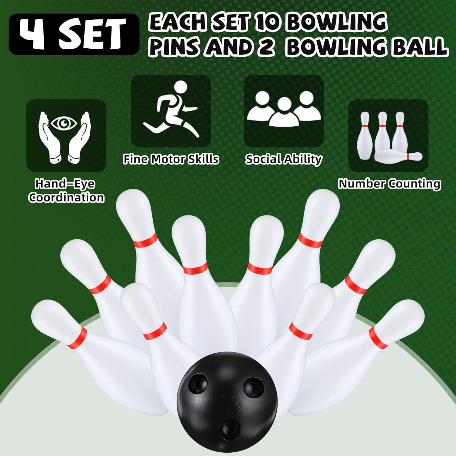 4 Pack 6.3 Inch Kids Bowling Set Indoor and Outdoor Games for Kid Includes 40 Pcs Plastic Bowling Pins and 8 Pcs Balls Lawn Games for Toddler Yard School Activities Party