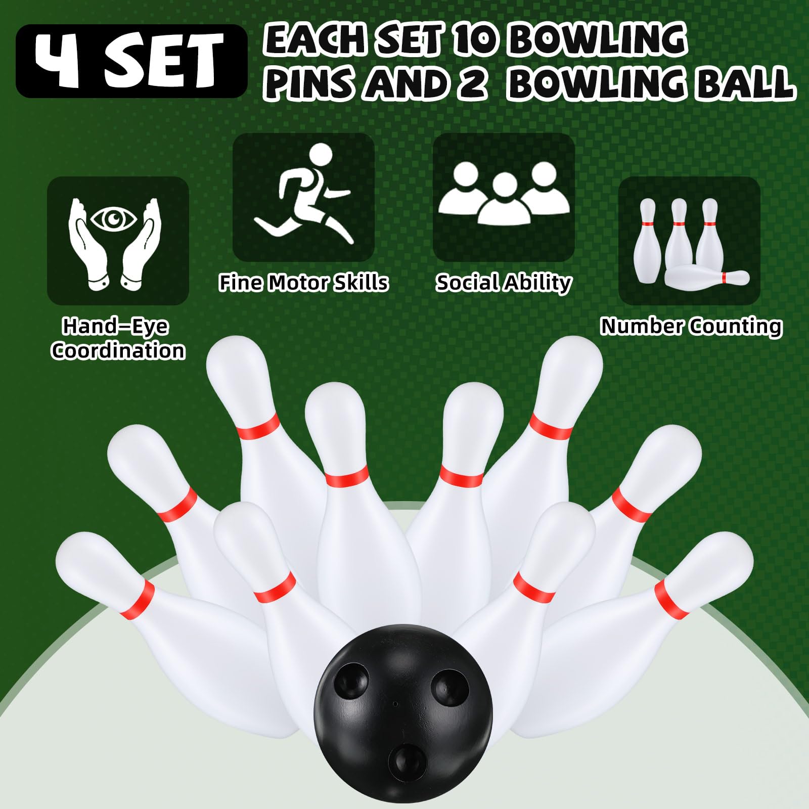 Juego de 4 bolos para niños de 6.3 pulgadas, juegos de interior y exterior para niños, incluye 40 pines de bolos de plástico y 8 bolas de césped, juegos de césped para niños pequeños, 3