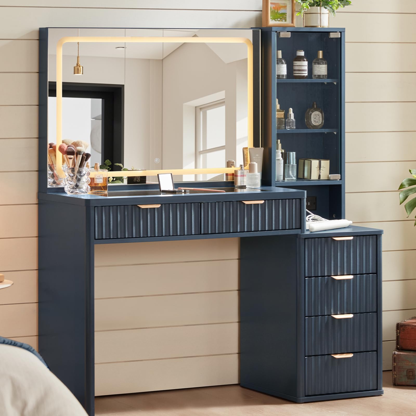LEYAOYAO 43.5'' Vanity Desk with Mirror and Lights, Fluted Makeup Vanity with 6 Drawers and Adjustable Shelves, Blue Make Up Vanity Wood Dressing
