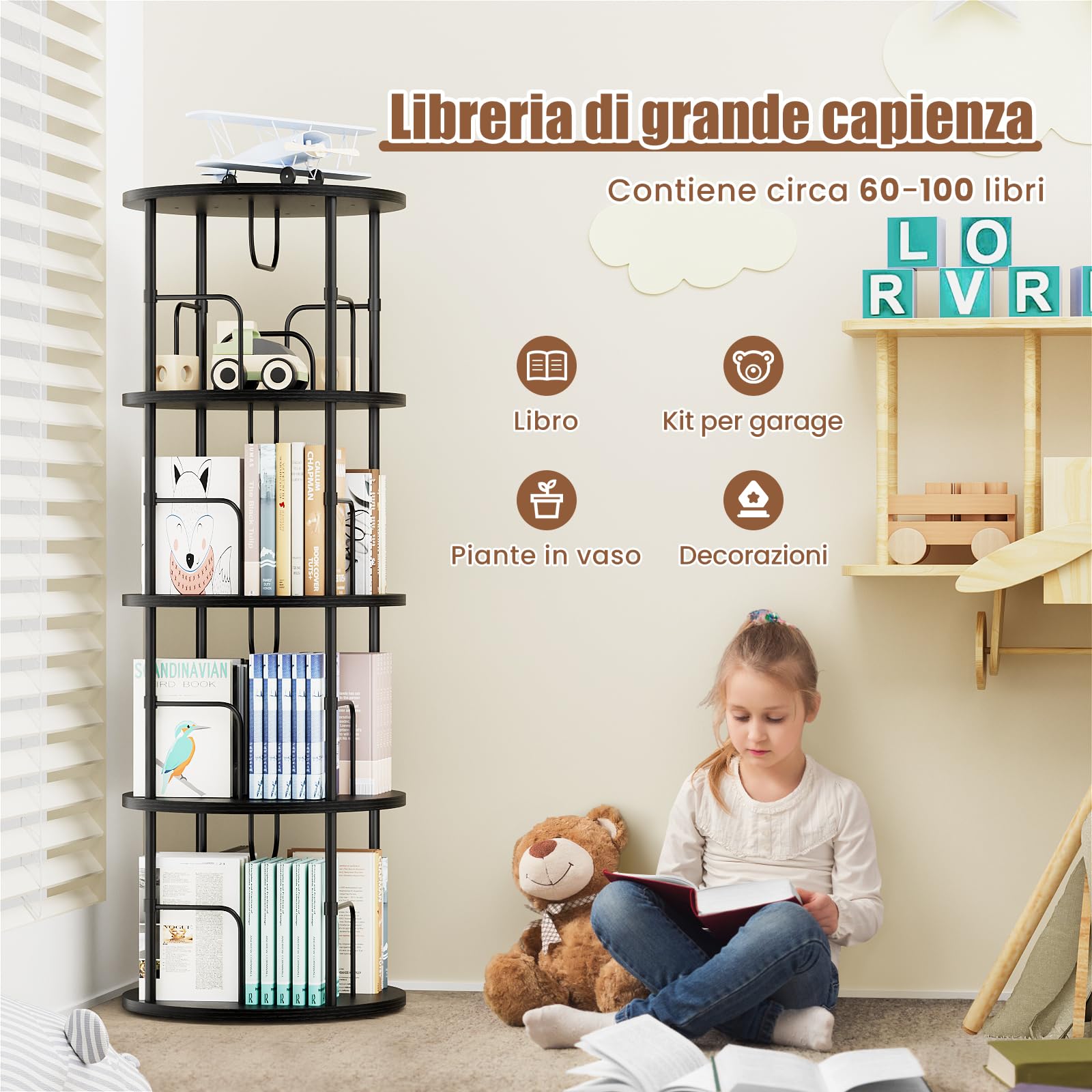 Libreria Girevole a 360° in Legno - 4 Ripiani Regolabili, Scaffale Verticale Portaoggetti per Uffici e Soggiorni, 45×45×129 cm, Nero
