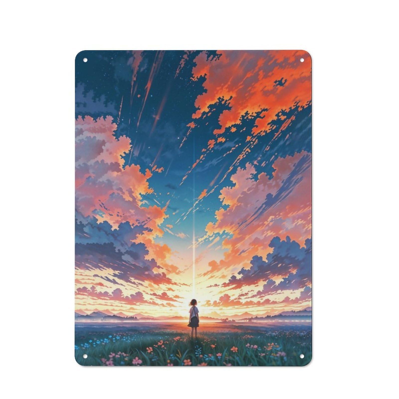 Junmoney Anime Sunset Landscape Tin Wall Plaque 40X30cm With For Bar Or Restaurant, Suited To Bar Decor Enthusiasts