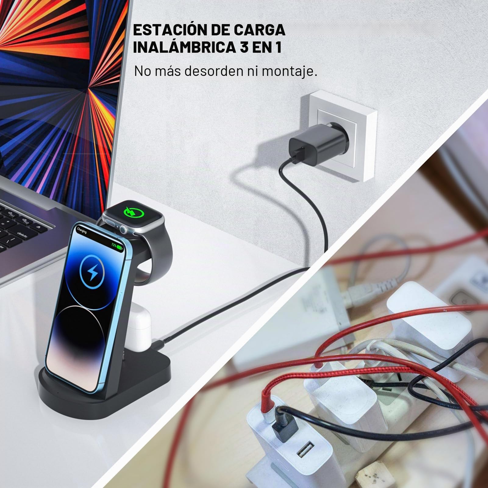 Cargador inalambrico,INNISTO Cargador inalambrico con 18W Adaptador,estacion de Carga Compatible con iPhone 17/16/15/14/13/12 Pro/Pro MAX,Apple Watch Ultra/10/9/8/7/SE/SE2/6/5/4 AirPods321/Pro1 Negro