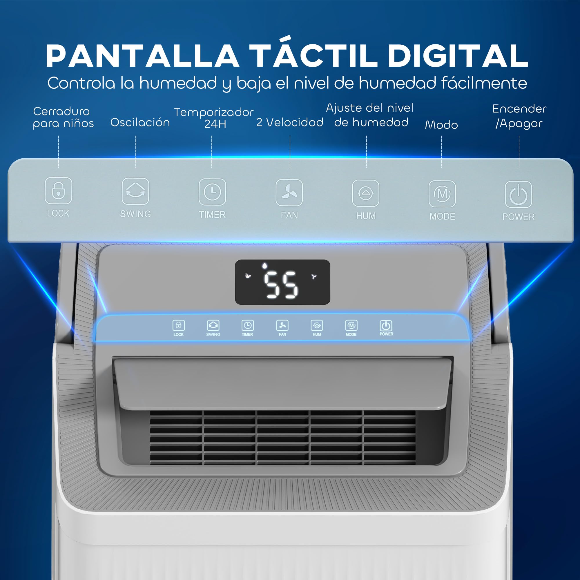 HOMCOM Deshumidificador 35L/día Depósito 5,5L Silencioso 3 Modos Blanco | Deshumidificador Eléctrico, Pantalla LED, Temporizador 24 H, Bloqueo Infantil, Drenaje Continuo, hasta 40-100㎡