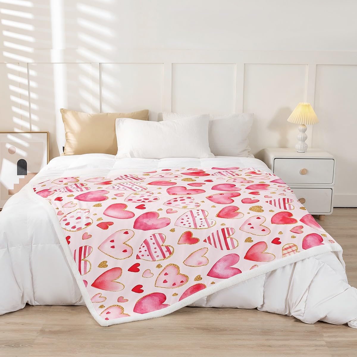 Valentine's Day Theme Kids Flannel Blanket,Watercolor Heart Shape Pattern Fuzzy Blanket for Children,Pink Golden Tie Dye Print Polyester Throw Blanket for Couch, Twin Size (60 x 80 Inch)