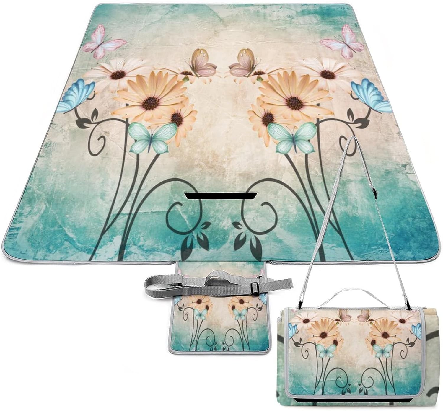 Butterfly Daisy Adults Lightweight Waterproof Picnic Blanket Rustic Daisy White Floral Farmhouse Retro Cyan Wooden Board for Outdoor Beach Hiking Camping on Grass Waterproof Sandproof 58.3x58.3 Inch
