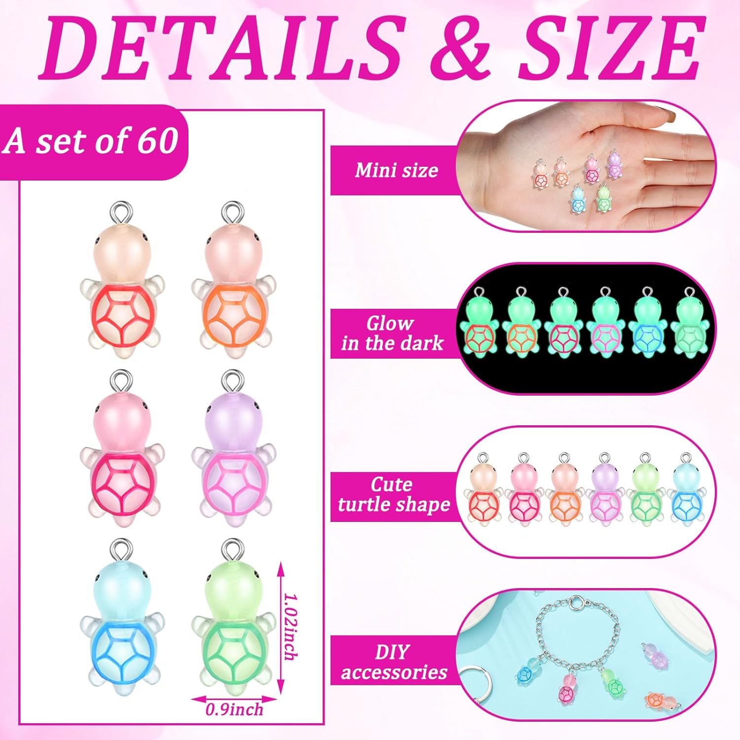 Thyle 60 Pcs Mini Resin Turtle Charms Glow in the Dark Turtle Pendants Luminous Tortoise Sea Dangle Animal Charms for DIY Craft Jewelry Making Supplies, 6 Colors - Image 2
