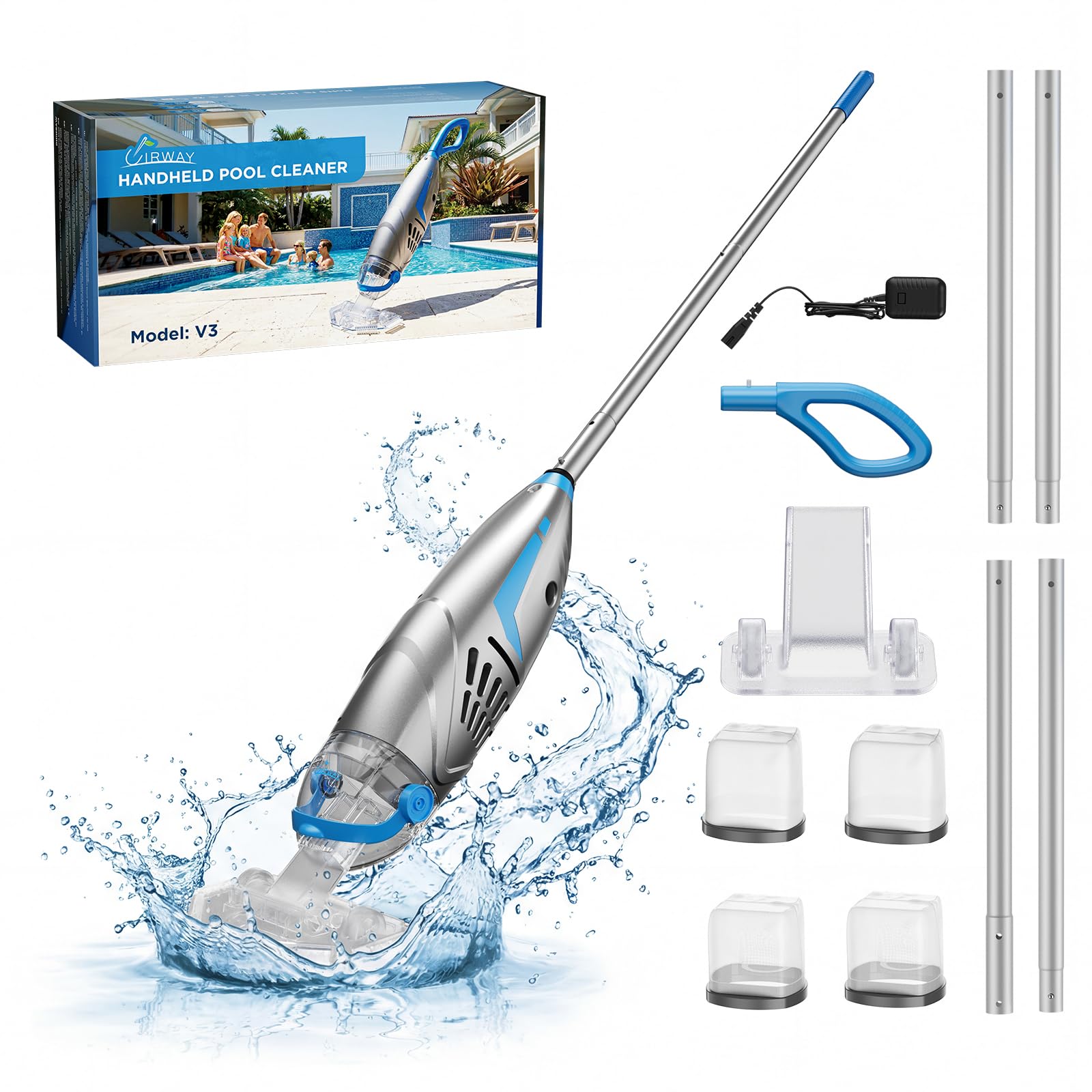 Aspirador de Piscina para Piscinas elevadas y enterradas (2026), 26,5 GPM Alta Potencia succión para Piedras, V3 IPX8 limpiafondos Piscina bateria, 2 Cabezales y 4 Bolsas de Filtro, 1 h de autonomía