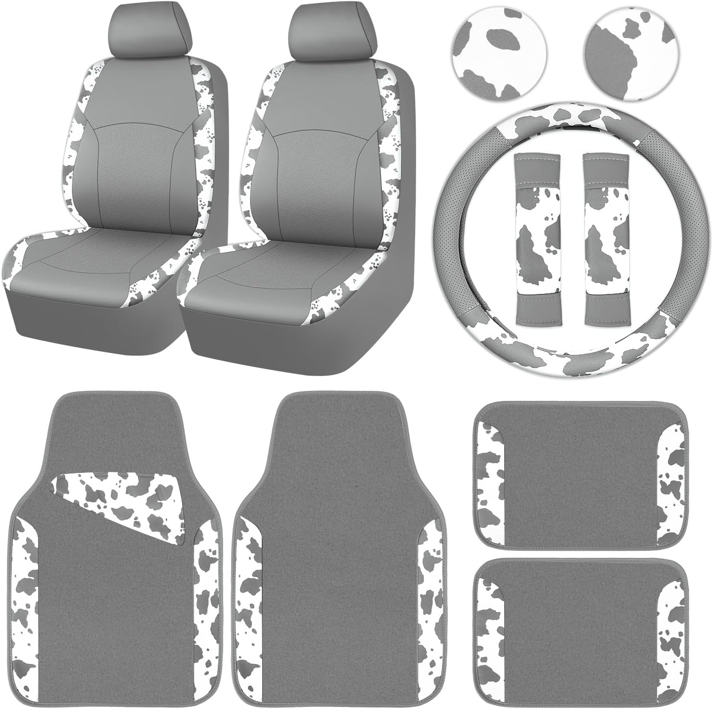CAR PASS Cow Print Faux Leather Car Seat Covers & Cow Car Mats & Cow Steering Wheel Cover Seat Belt Pads Universal fit for SUV,Van,Saden,Truck Cute Car Accessories Automobile Interior Sets All Gray