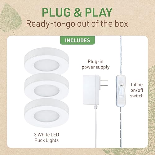 Miniatura 3 de Kit de iluminación LED para debajo del gabinete con 3 luces LED de disco blanco cálido de 3000 K, interruptor de encendidoapagado y enchufe