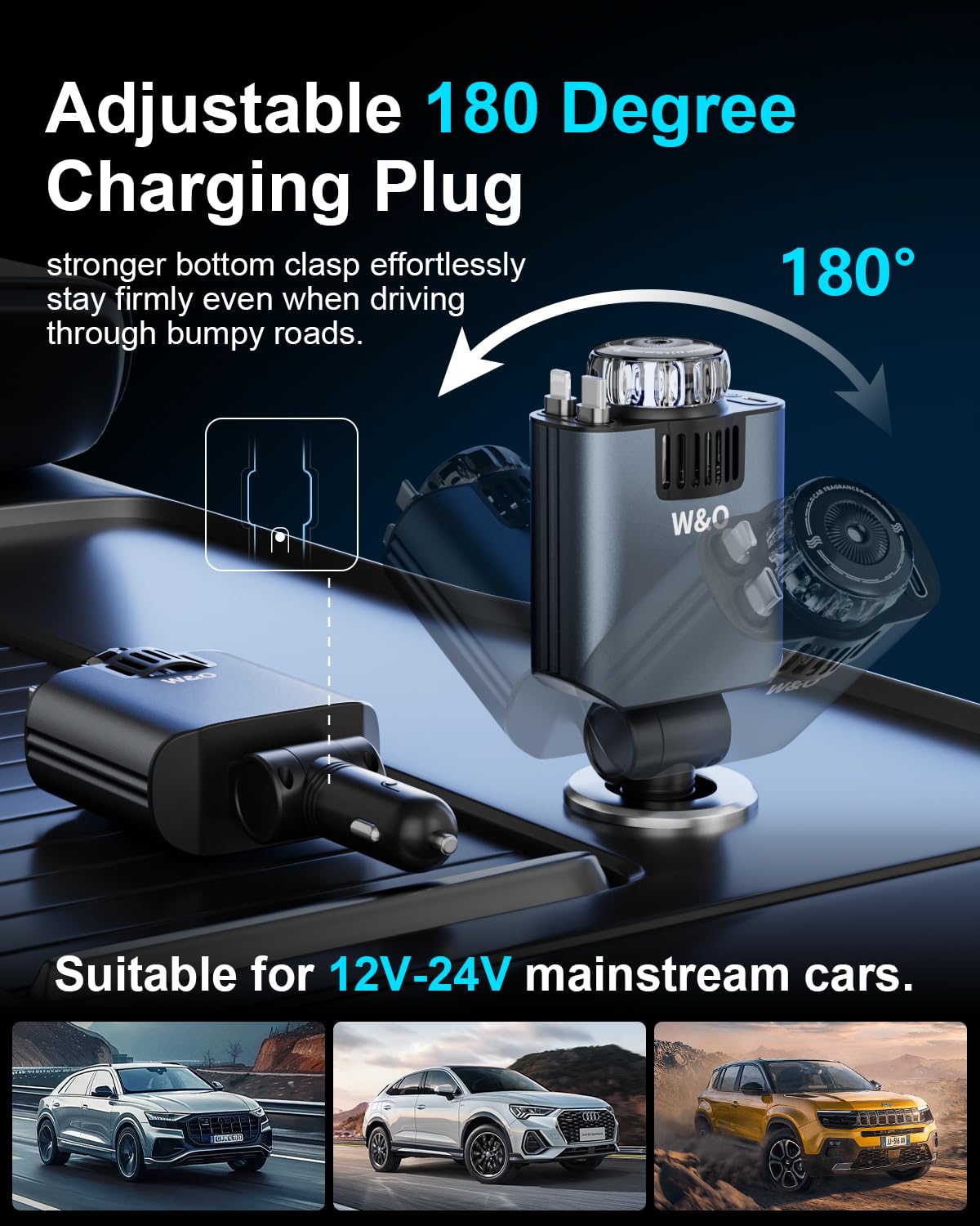 W&O - Cargador de coche de carga rápida para iPhone, cargador retráctil 5 en 1 de 69 W con aromaterapia y luz de estrellas, adaptador de encendedor de cigarrillos, regalos para mujeres y hombres