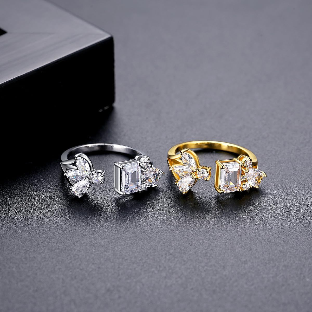 Adjustable Eternity Ring, 14K Gold Emerald and Pear Moissanite Open Wedding Rings for Women