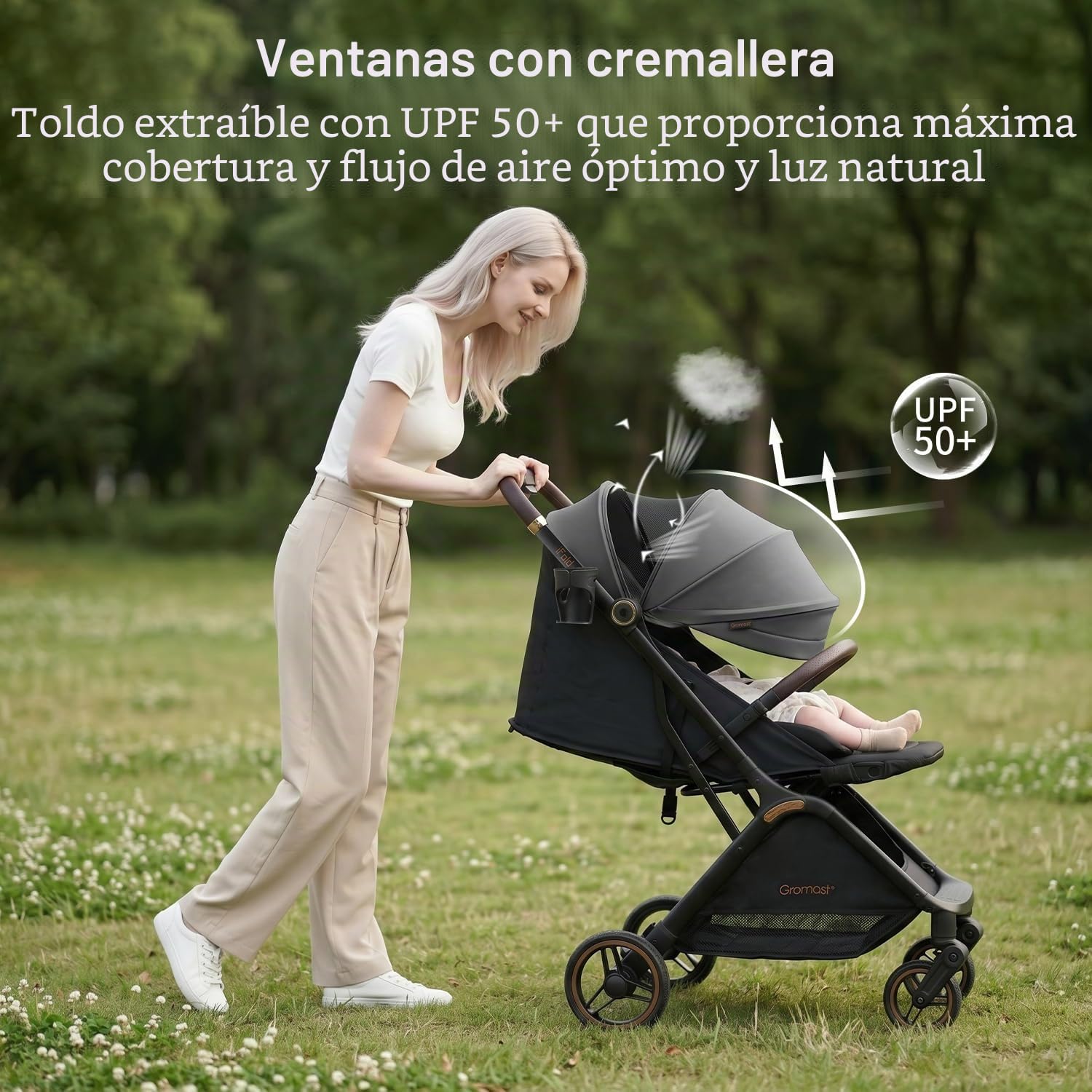 Gromast Cochecito de bebé plegable Gravity, cochecito de viaje portátil con respaldo ajustable y toldo, ligero y protegido contra los rayos UV, plegable automáticamente con una mano, Gris