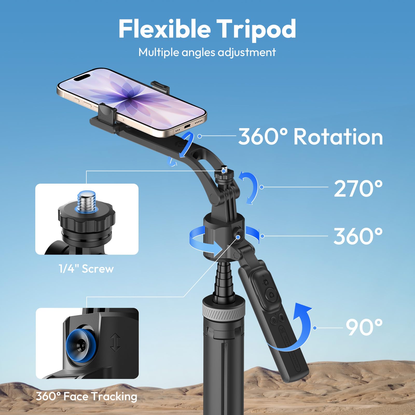 ULANZI TT23 165 cm Bastone selfie a tracciamento automatico del volto, Cavalletto per smartphone con base a 4 piedi, Rotazione 360°, Telecomando wireless, Compatibile con iOS, Android, Action Cam