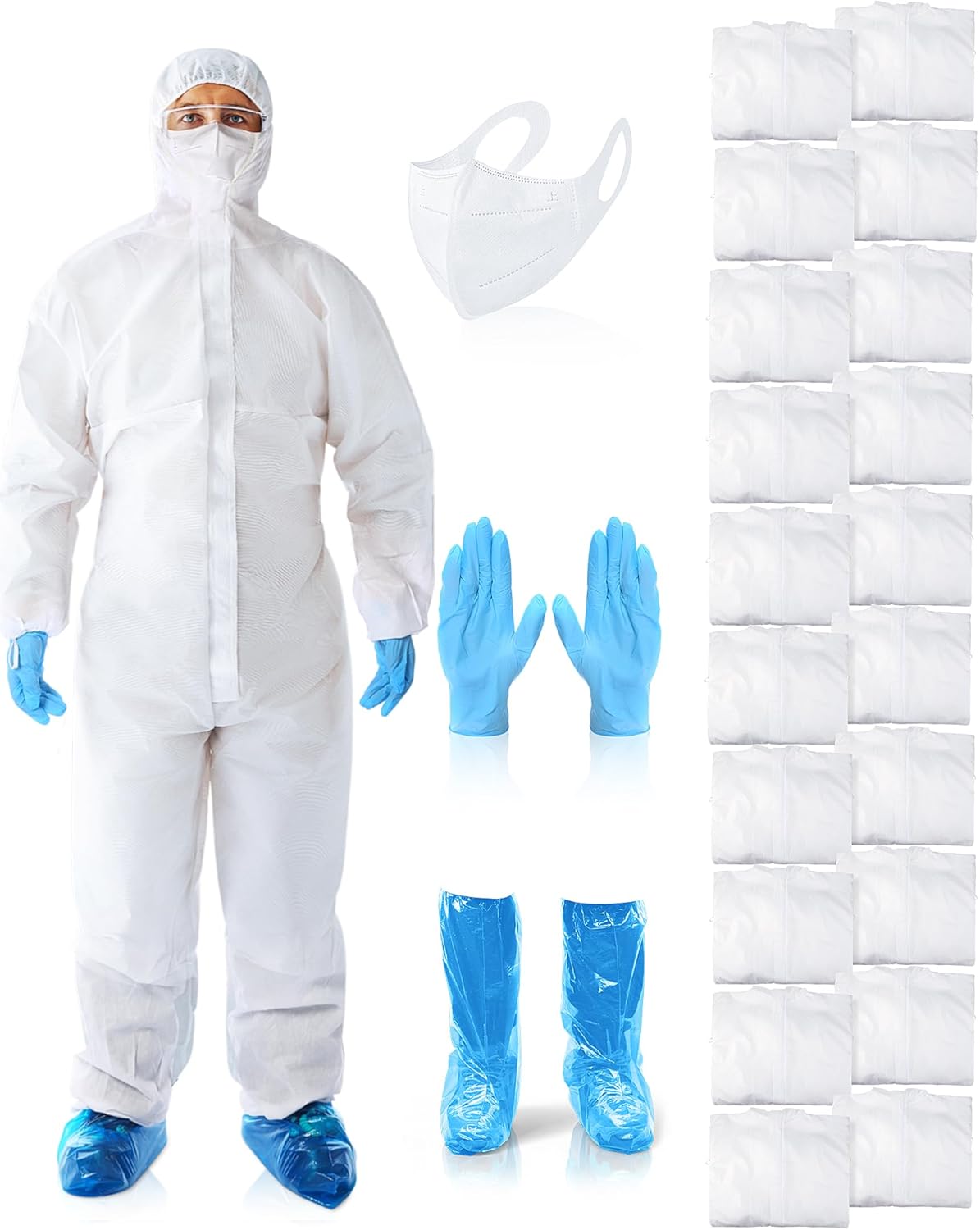20 Sets Hazmat Suits Disposable Protective Paint Coverall Suit with Hood Shoe Cover Nitrile Glove Mask Wrist Ankles