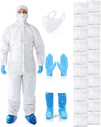 Shyyween 20 Sets Hazmat Suits Disposable Protective Paint Coverall Suit with Hood Shoe Cover Nitrile Glove Mask Wrist Ankles