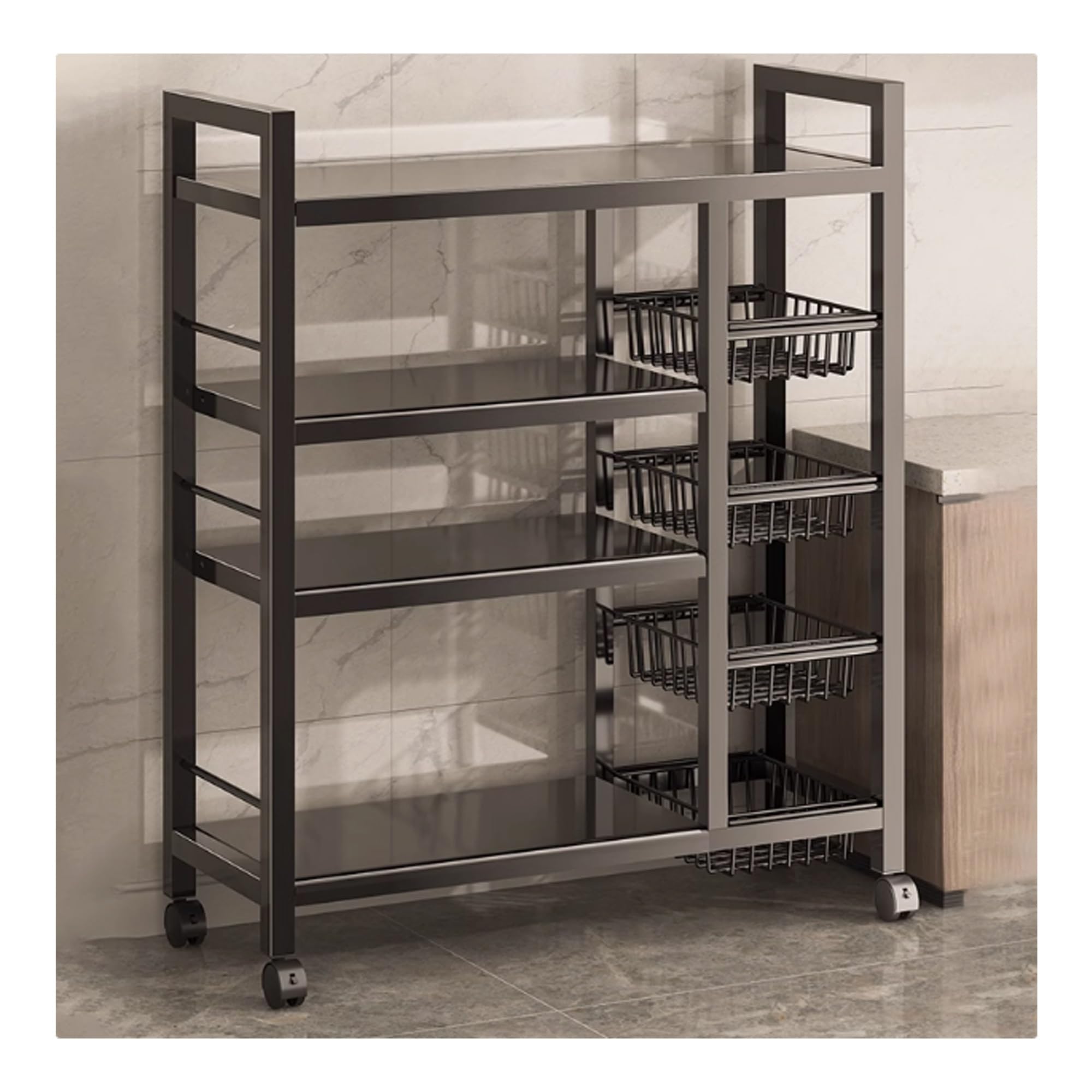 Carrito organizador de cocina de 4 niveles con ruedas y cestas de alambre