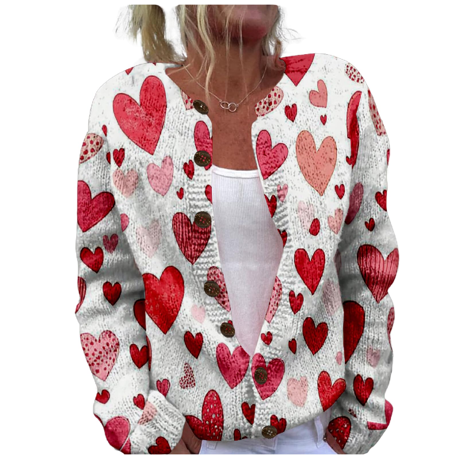 Heart Print Cardigan Valentines Sweater for Women Cute Chunky Button Up Plus Size 2025 Spring Fashion Warm Blouses