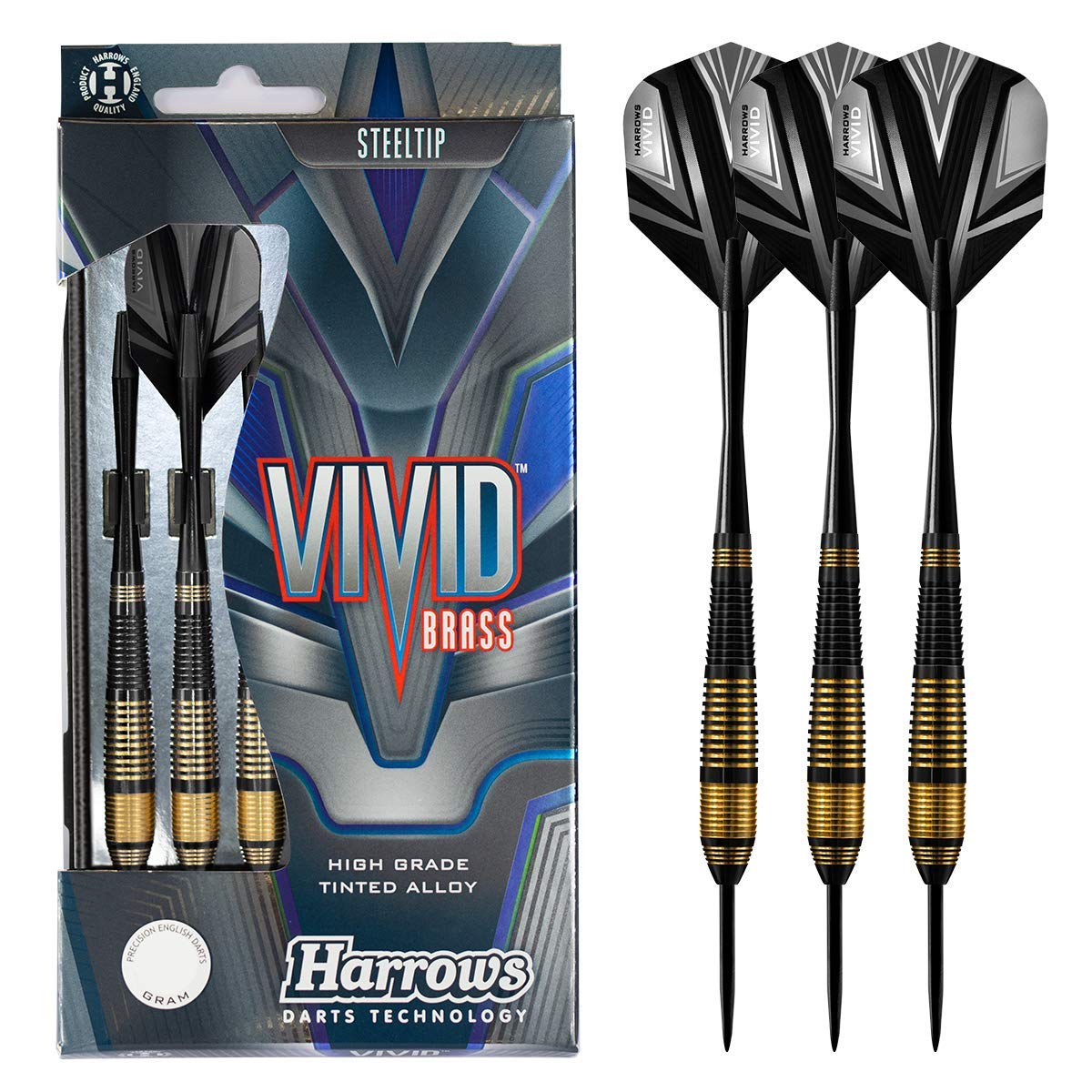 Harrows Vivid High Grade Tinted Alloy Steel Tip Brass Darts Set 21g, 22g, 23g, 24g & 25g - Includes Black Speedline Shafts, Vivid Flights & Travel Case (21g)
