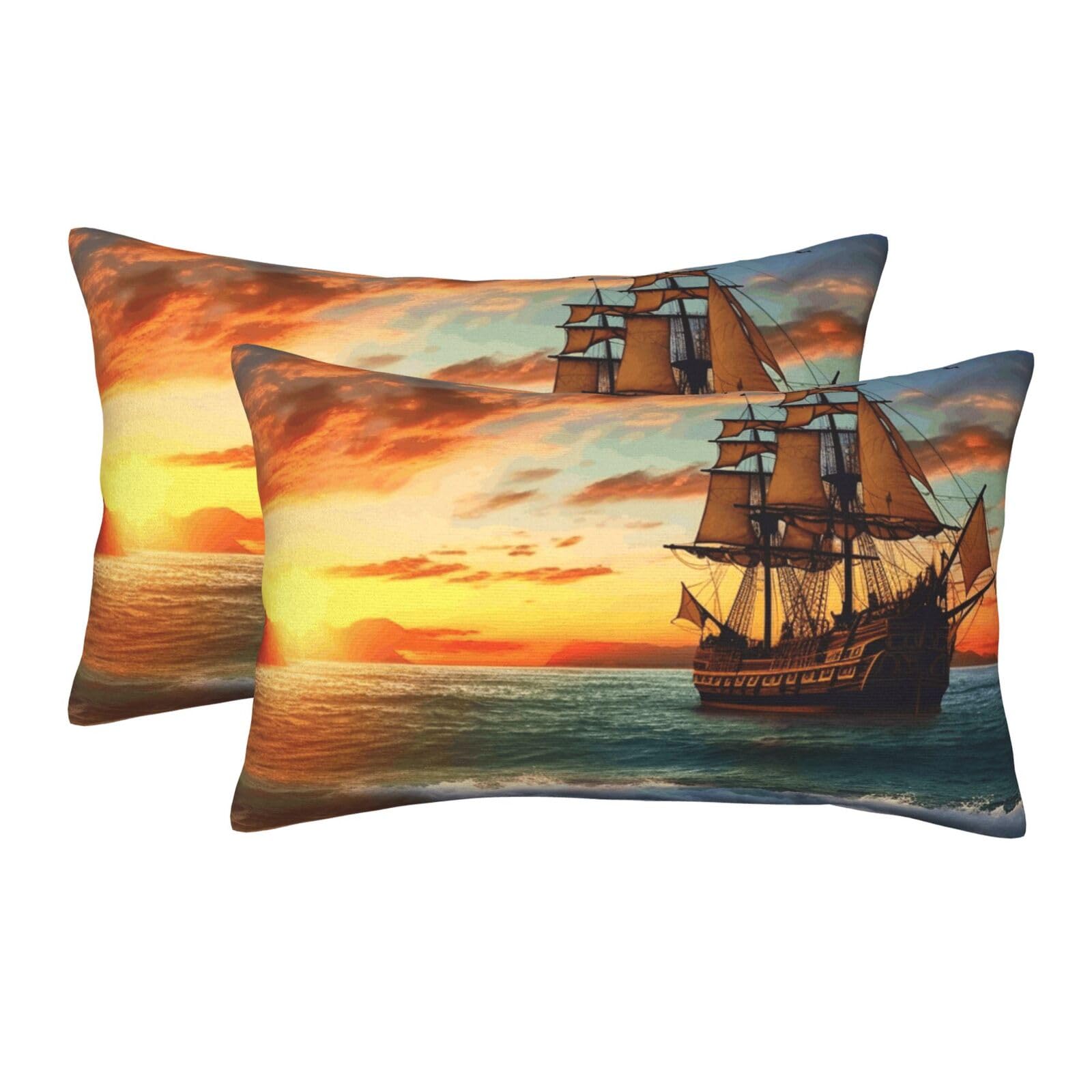 2 Pack Pillow Cases with Hidden Zipper, Soft Breathable Pillow Covers for Hair and Skin, Pirate Ship in The Sunset Pillowcases 14"x20" Bed Pillow Protectors Cover for Sleeping Gifts