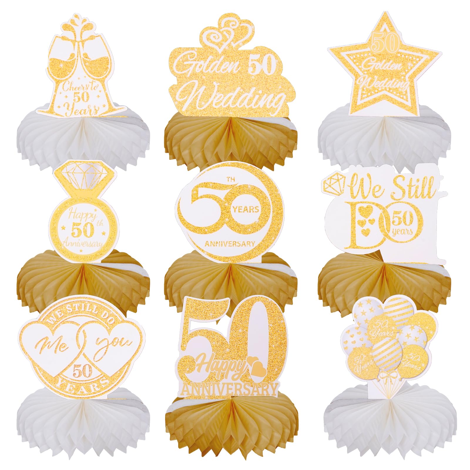 9Pcs Golden Wedding Anniversary Decorations Romantic 50th Honeycomb Dining Table Decoration — image 1