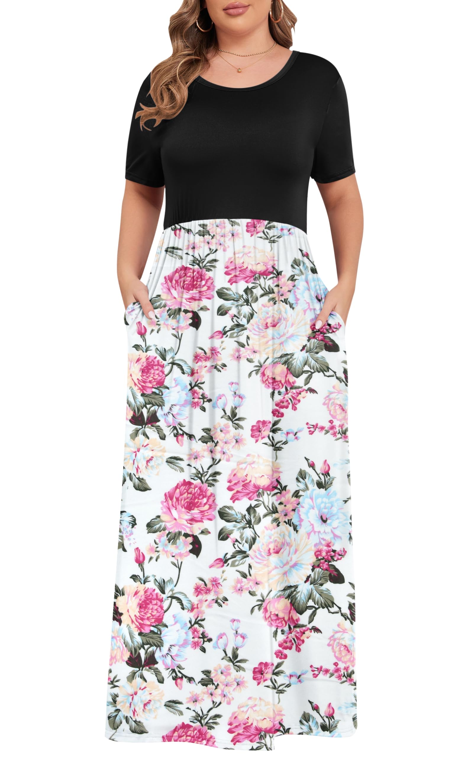 KARALIN Women Plus Size Maxi Dress Short Sleeve Round Neck Loose Fit A-Line