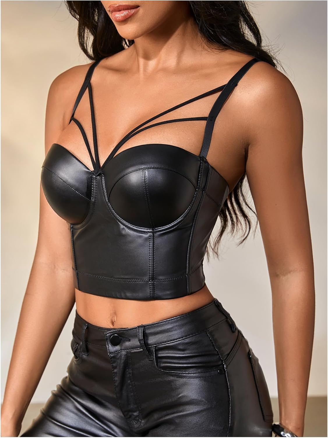 OYOANGLE Women's Pu Leather Cut Out Camisoles Strappy V Neck Backless Fitted Cami Crop Tops - Image 3