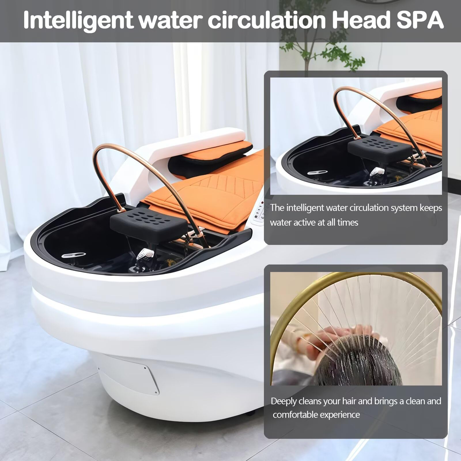 Professionelle Salon-Shampooliege mit multifunktionaler Massage, elegantem weiß-orangem Design, Wasserzirkulation, Beinauflage und Kosmetiktisch-Ausstattung (Weiß)