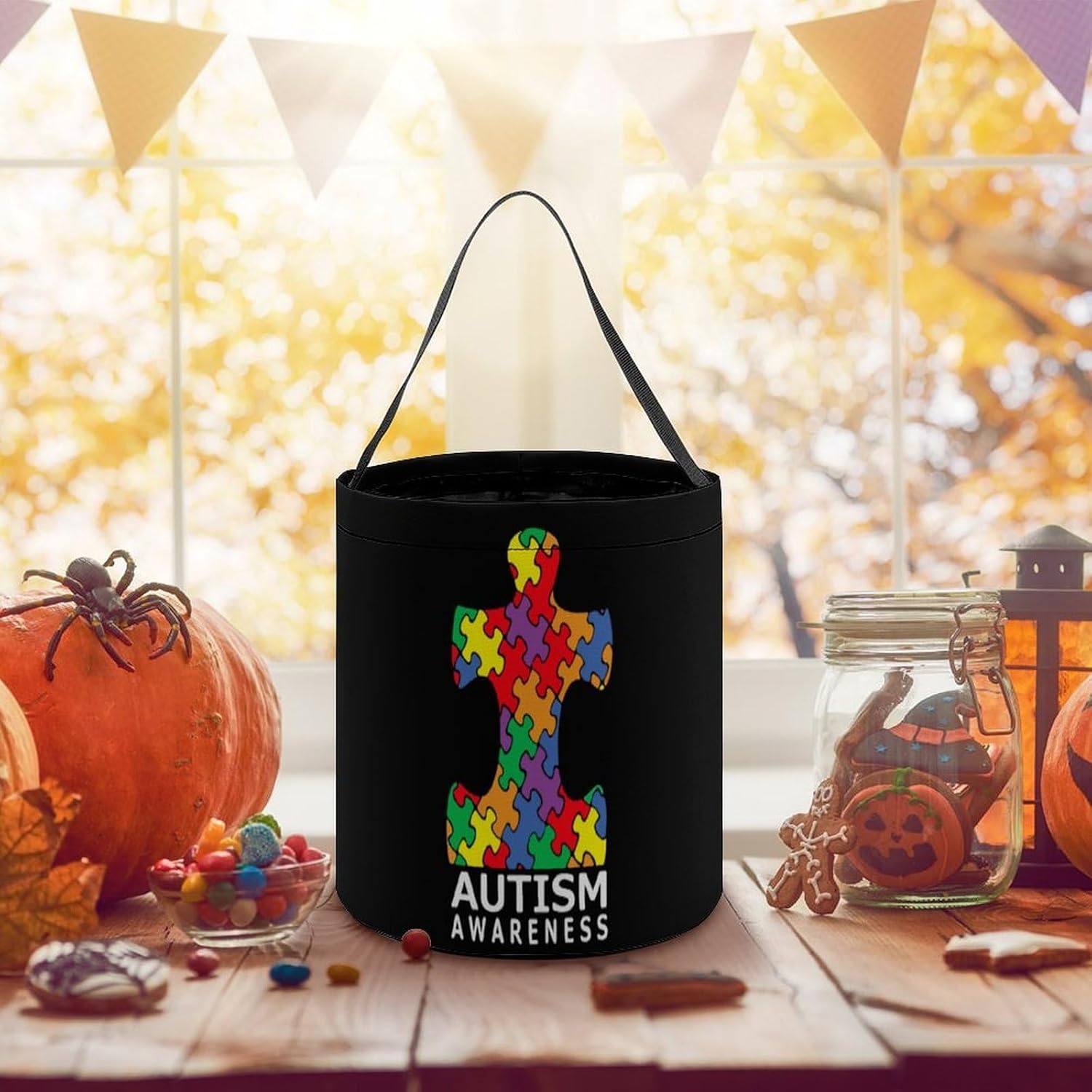 Autism Awareness Puzzle Piece Halloween Treat Bag Reusable Candy Basket Tote Goody Bags Gift Party