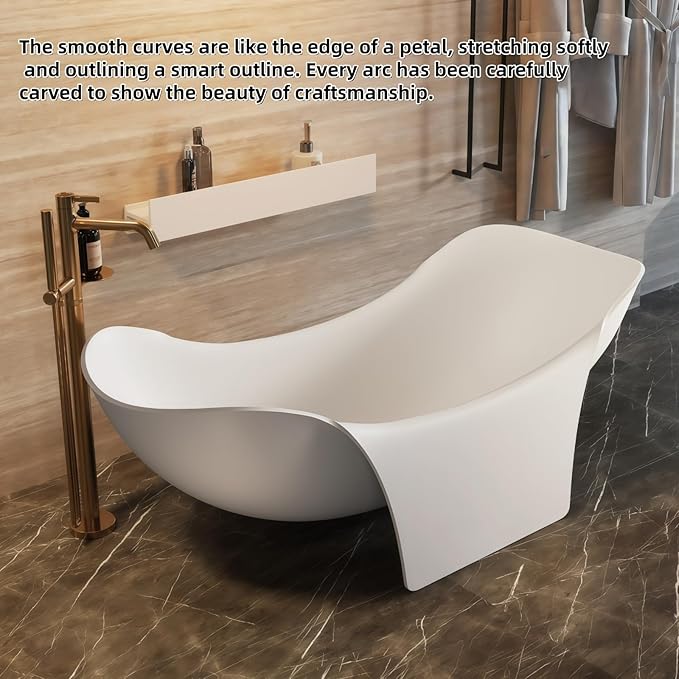Stone Resin Freestanding Bathtub - Modern Oval Soaking Tub, Easy to Clean Solid Surface Freestanding Tub with Drain for Modern Bathrooms (White, 67"L x 32.3"W x 24.4"H)